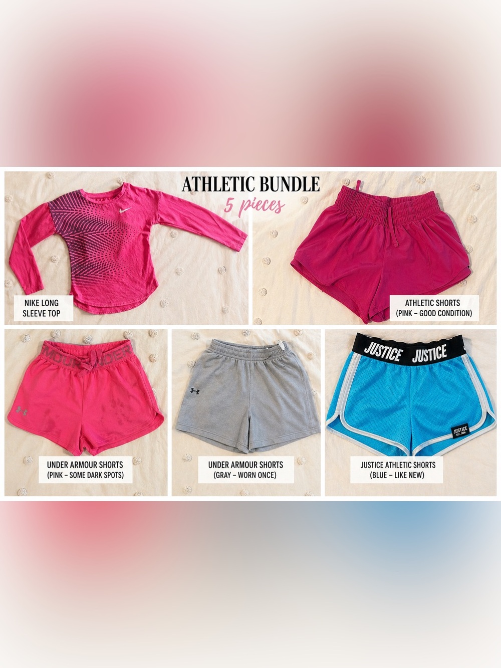 Girls Athletic Bundle M (7–10) Nike Under Armour Justice Shorts + Tops